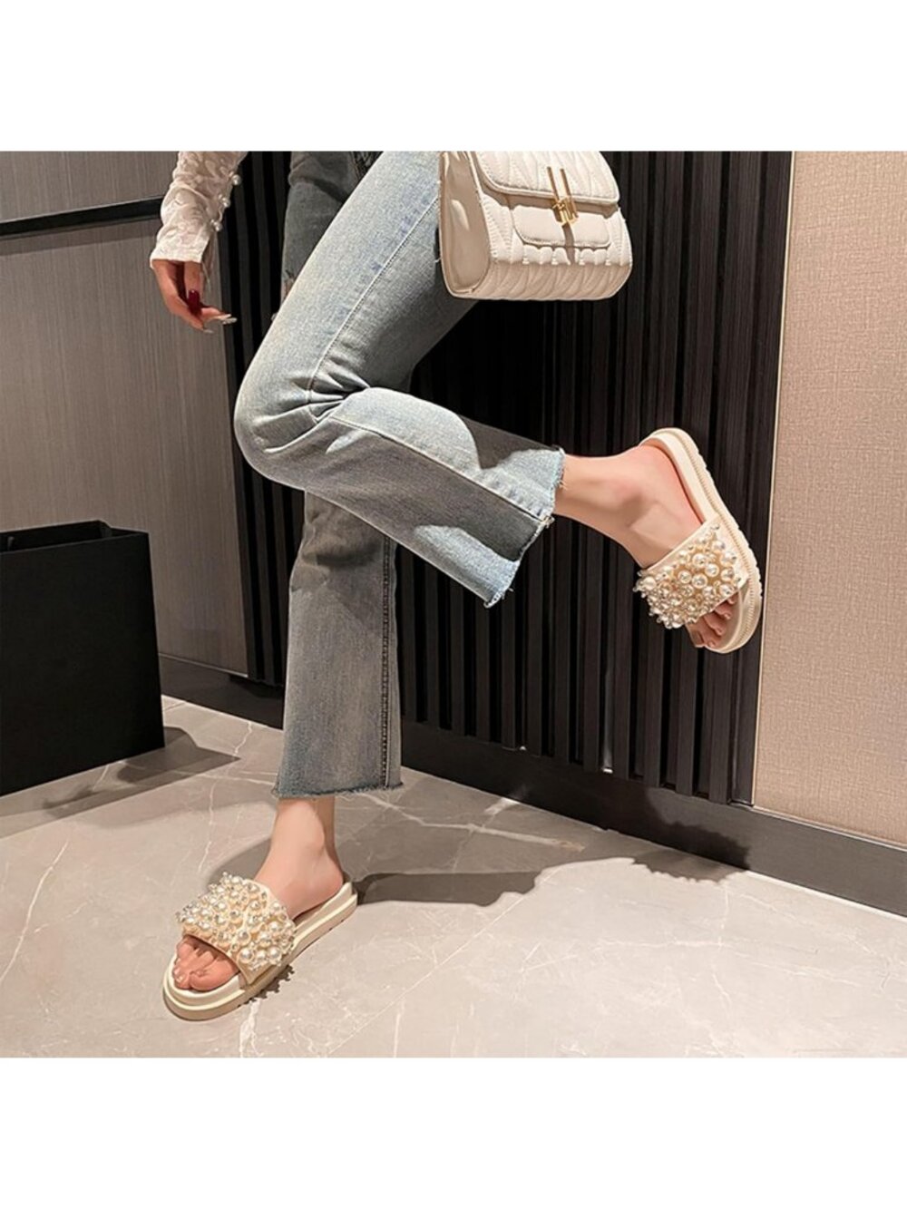 Stylish Pearl Rhinestone Platform Slide Sandals - Open Toe, Cushioned Footbed - Picture 6 of 6